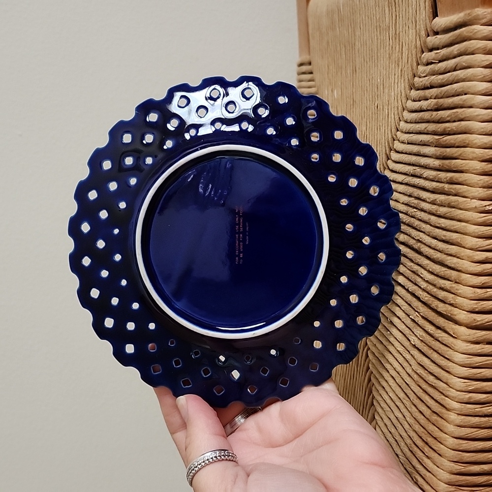 Vtg Miyako Japan Cobalt Blue Peacock Trinket Dish PorcelainPlate Floral Lattice - Picture 4 of 5